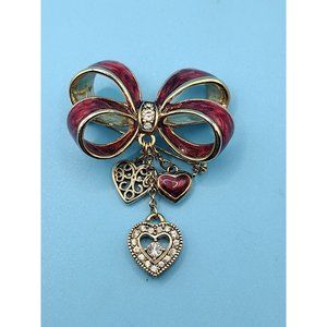 Gold Plated Red Enamel Bow with Dangling Heart Pin or Brooch